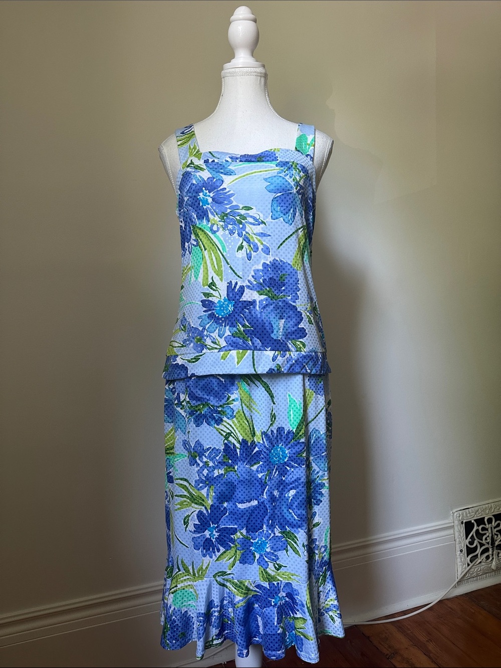 ARTEX Vintage‎ Blue Floral Cottage Preppy Summer Two Piece Skirt Set Medium